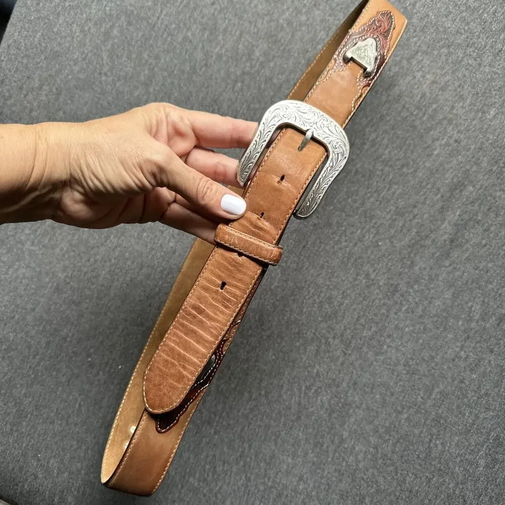 Justin Western Mens Belt Leather Concho Tan Size 40 C11414 Style Vintage